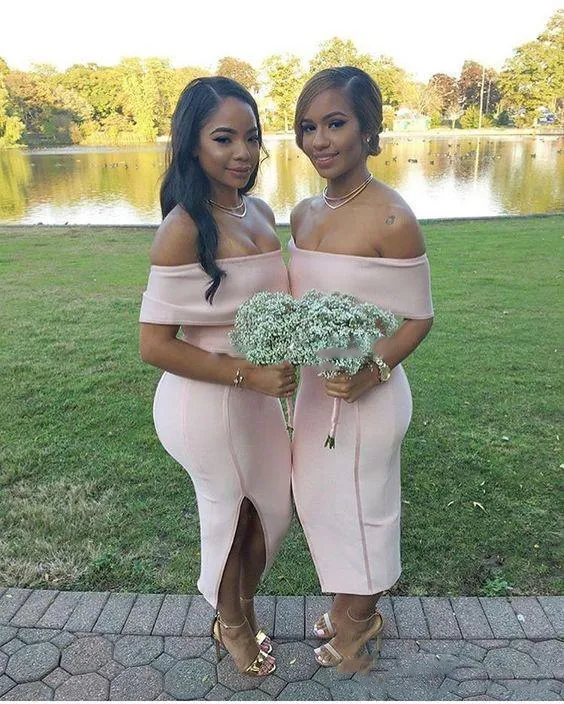 South African Blush Pink Sheath Bridesmaid Dresses 2017 Sexig Off Shoulder Satin Side Split Prom Party Klänningar för Bröllop Plus Storlek Klänningar