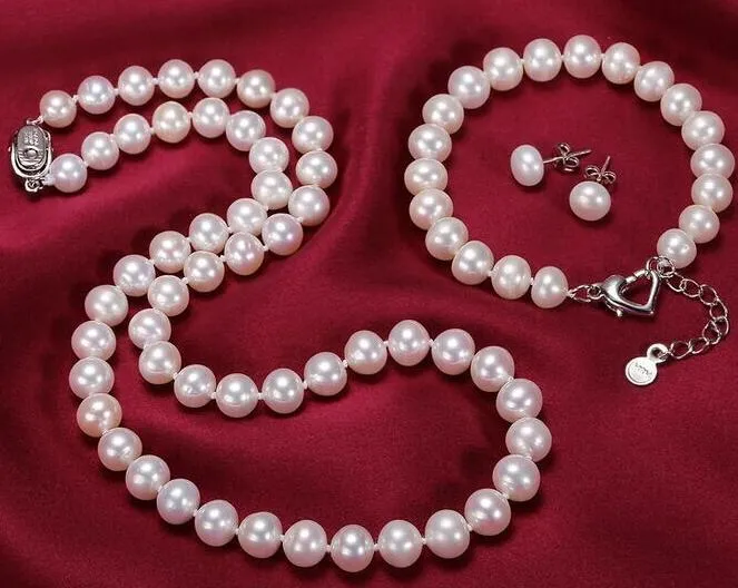 Wspaniały 9-10mm Natural White Pearl Naszyjnik 18 cali 925 Silver Zapięcie Darmowe kolczyki Bransoletka