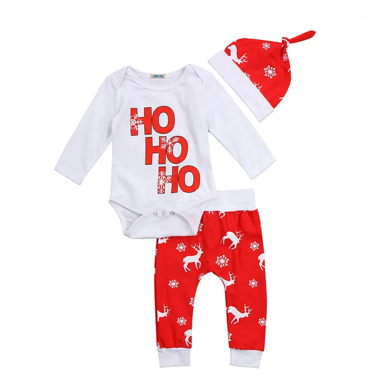 Abbigliamento natalizio per bambini Fiocco di neve Stampa cervo Abiti in cotone Bambino neonato Neonate Ragazze Pagliaccetto Pantaloni Cappello 3 pezzi Abiti Set Vestiti neonati