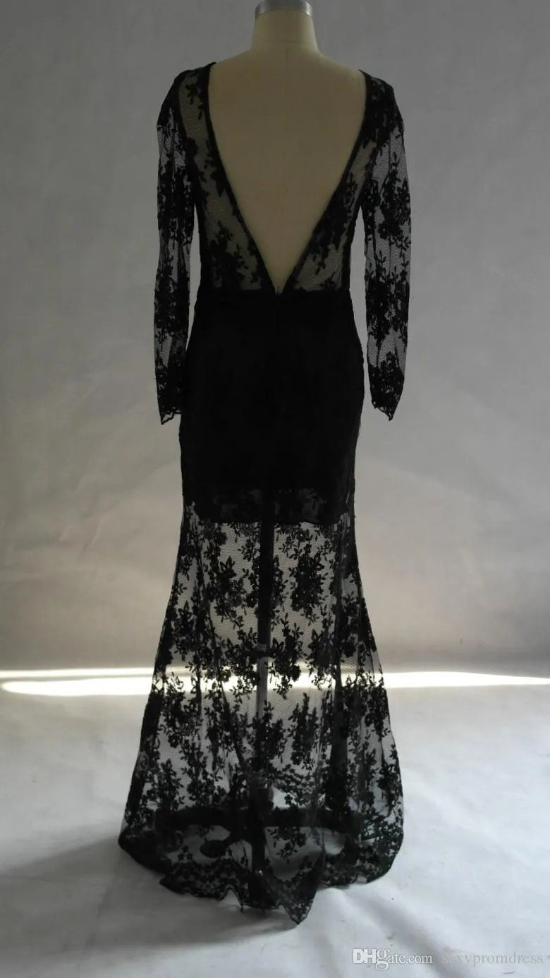 2017 Black Evening Dress Bateau Sheath Sheer Lace Prom Dress with V Open  Back Illusion Long Sleeves Floor-Length from Dhgate Prom Dresses - price  35.18
