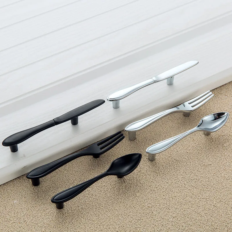 76mm modern simple creative silver gold Knife fork spoon kitchen cabinet door handles 3" antique brass black drawer s knobs8951800