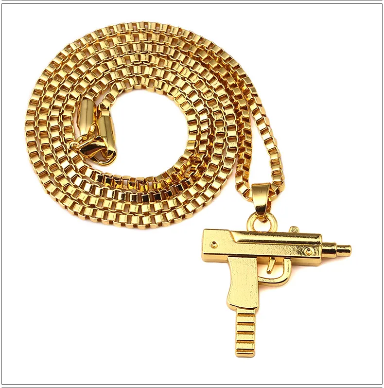 Fabriksförsäljning Guldkedja Pistol Pendant Unisex 18K guldpläterad Submachine Gun Pendant Chain Maxi Gun Halsband för män / Kvinnor Hip Hop