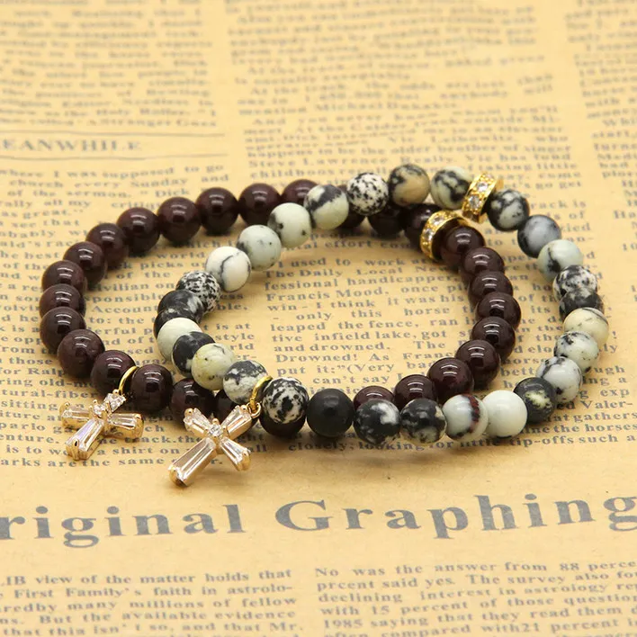 Wholesale 6mm Natural Garnet Stone Beads with Micro Paved Clear Zircons Spacer Cz Beads Cross Bracelets