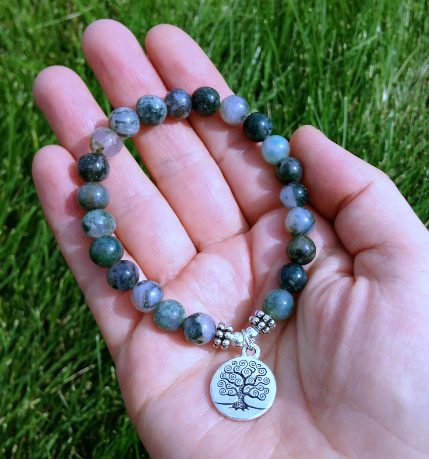 SN1072 Äkta Moss Agate Armband Fashion Yoga Armband Wrist Mala Beads Tree of Life Healing Armband Nature Stone Buddhist Jewe284s