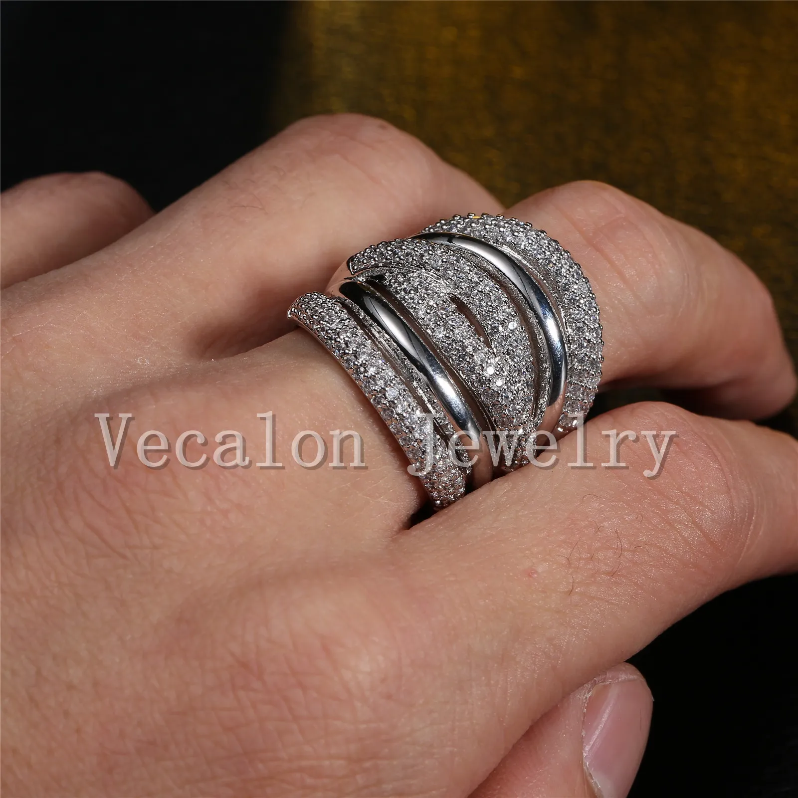 Vecalon pave set Topaz Simulated diamond Cz Cross Engagement Wedding ring for Women 14KT White Gold Filled Female Band ring