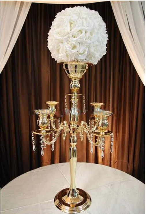 fer doré 75cm * W48cm, candélabre en cristal doré à 5 têtes, bougeoir, pièce maîtresse de mariage, bol de fleurs Bougeoir avec pendentifs