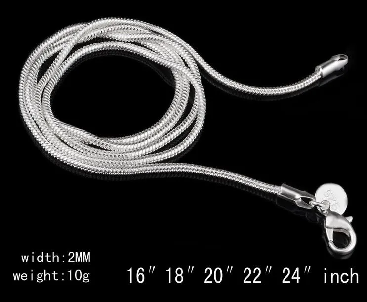 2mm 925 Sterling Silver Snake Chain Necklace 16 18 20 22 24 tums Kedjor Designer Halsband Smycken Partihandel Fabrikspris