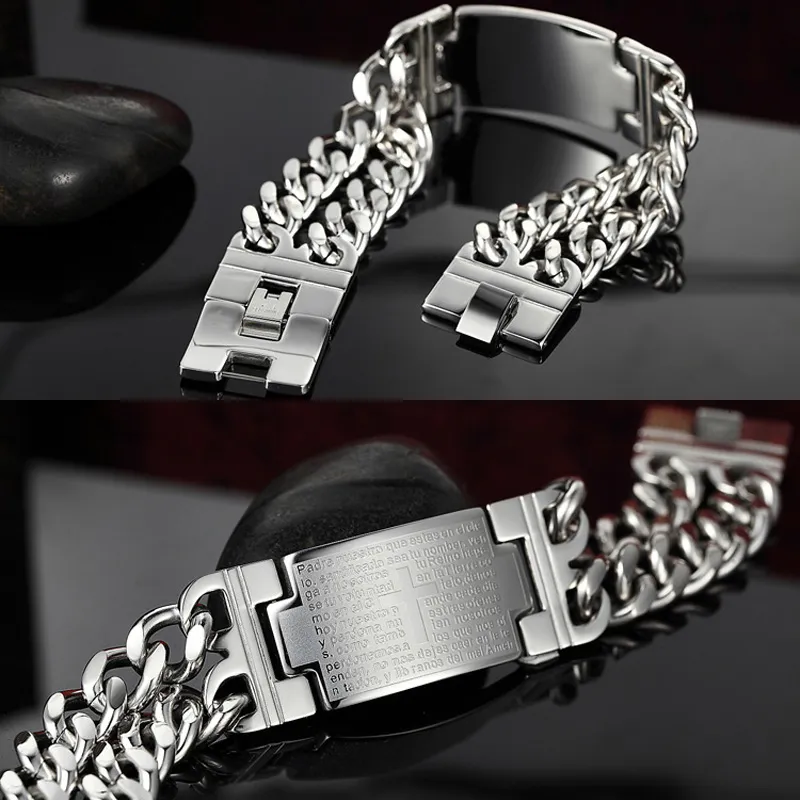 Cruz da Bíblia Espanhola Oração do Senhor Pulseras 316L Pulseira de Aço Inoxidável Pulseiras Bangle Crença na Moda Jóias Bracelete Renda Promoção