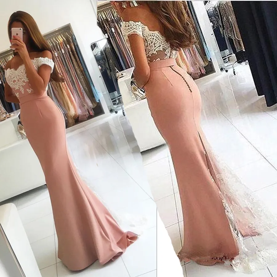 Off-the-shoulder Lace-Appliques Long Modern Mermaid Prom Dress Dark Pink Chiffon Sexy Evening Dress modest prom Gowns with sleeves
