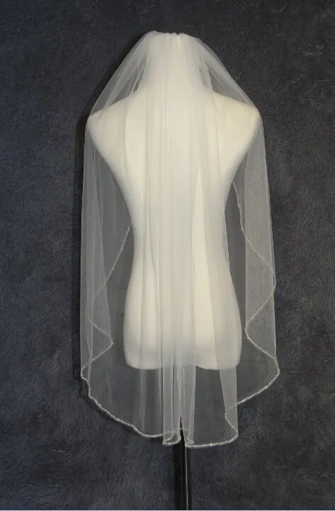 New Real Pictures White Ivory Champagne Wedding Veil Fingertip Length Beaded Edge Bridal Veil Pearls One Layer 026246j