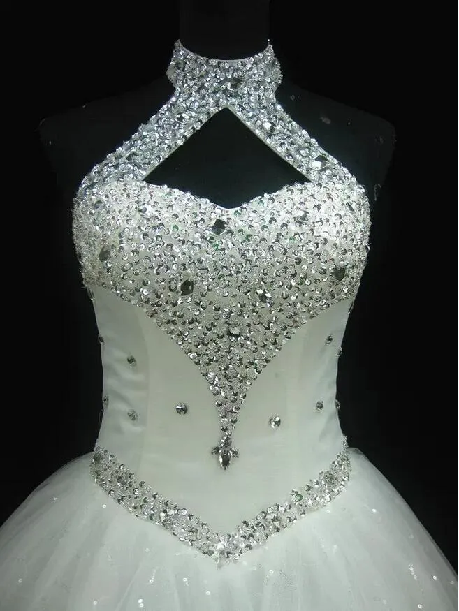 Hohe Qualität Sexy Halter Elegante Tüll Hochzeit Kleid Luxus Kristall Perlen Vestido Vintage Ballkleider Kostenloser Versand