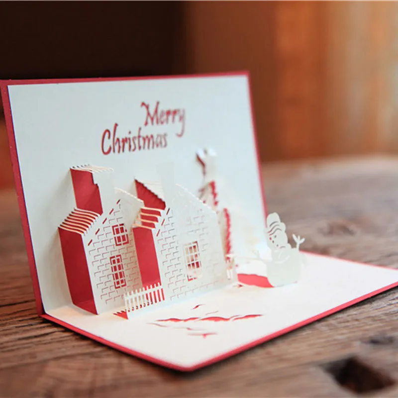 Simpatici biglietti d'auguri albero di Natale Castello di carta 3D Pupazzo di neve Cartolina Benedizione Forniture decorazioni festive