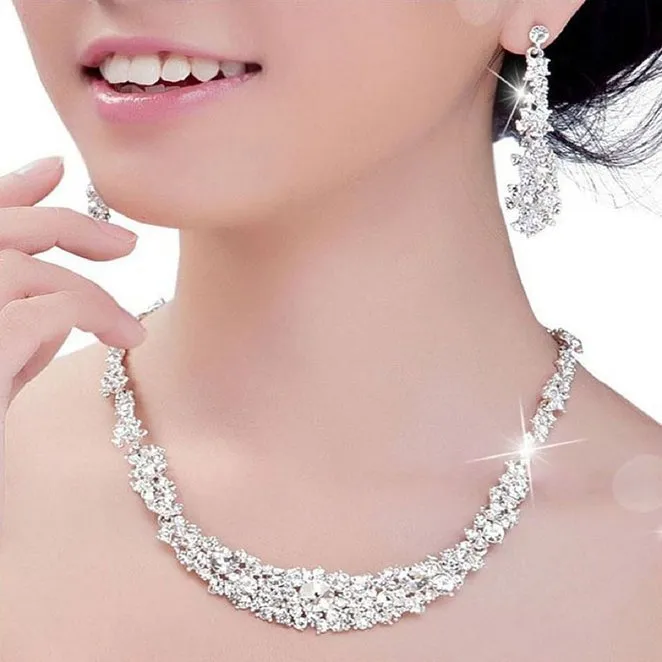 Bling Silver Crystal Bridal Sieraden Geplateerde Ketting Diamant Oorbellen Bruiloft Sieraden Sets Voor Bruid Bruidsmeisjes Dames Bridal Accessoires