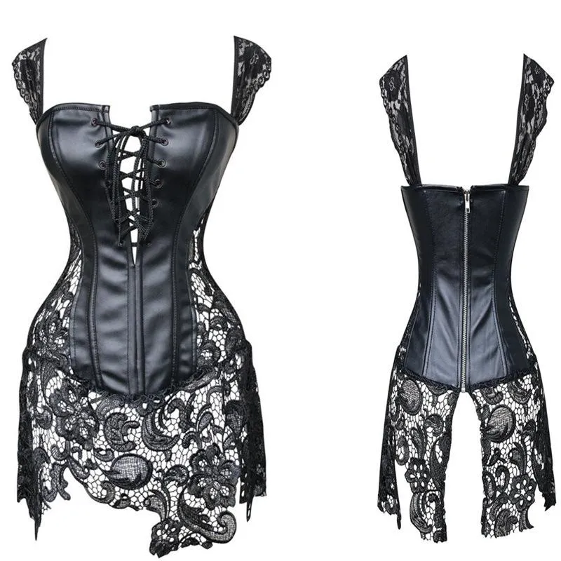 Plus Size Taille Training Corset Top Bustiers Kostuum Jurk Sexy Lingerie Burlesque Steampunk Black Faux Lerenlace Taille Trainer