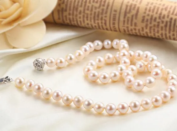 7-8mm South Sea White Pearl Necklace 18 Inch Beaded Necklaces 925 Silver Clasp
