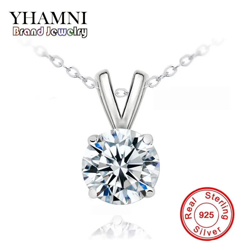 YHAMNI Lüks Büyük 8mm 2 Ct CZ Elmas Kolye Kolye Moda Kadınlar için Köpüklü Diamant Katı Gümüş Kolye Takı XF183