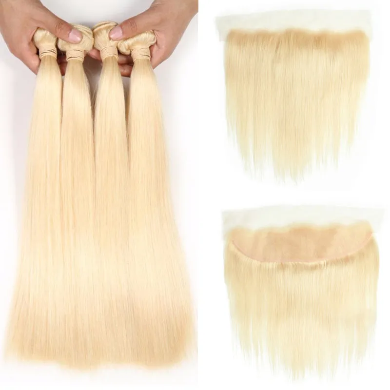 Braziliaanse Virgin Hair Silk Recht 4 Bundels met Sluiting 613 Blond Haarbundels met Frontale Oor tot Oor Kant Frontaal Braziliaans Maagdelijk Haar