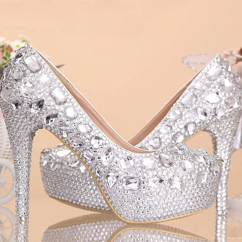 Buty ślubne kobiety wysokie obcasy kryształowy moda sukienka ślubna buty kobiety platformy srebrne pumpy na imprezę nr rhinestone 2956