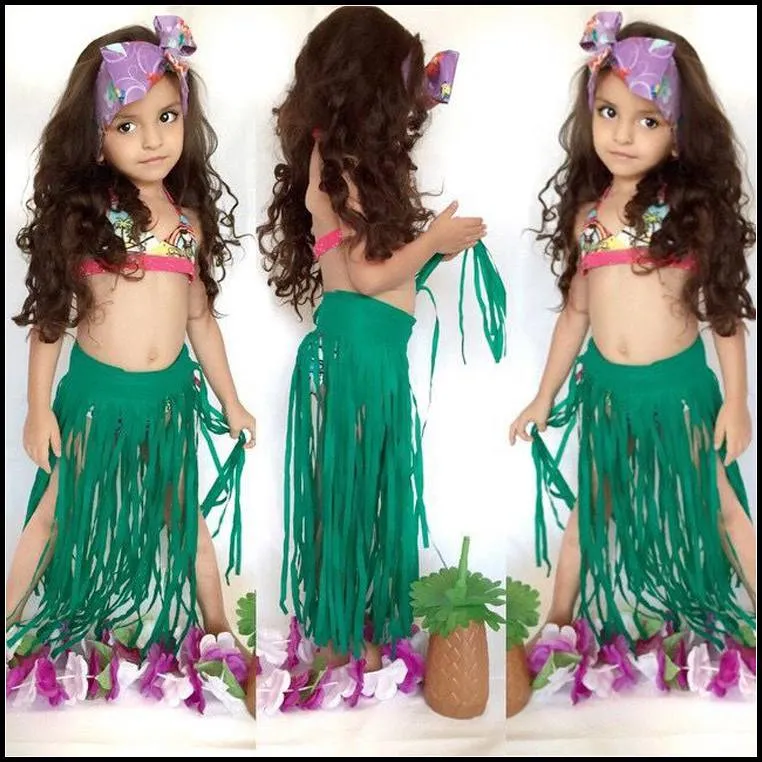 PrettyBaby Kids Girls Bikini Baddräkt Sol-Top + Byxor + TASSEL Kjol 3 st Set Passar Flickor Mermaid Swimming Bath Wear PT0390 # MI