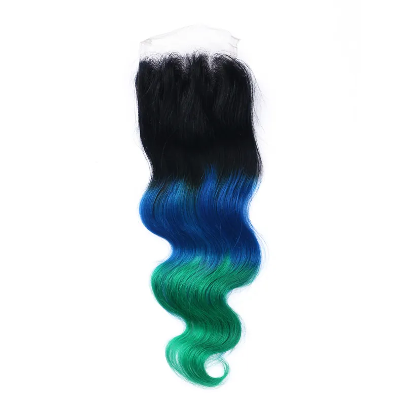 1BLUEGREEN OMBRE İnsan Saç Paketleri ile 44039039 Dantel Kapatma Üç Ton Teal Ombre Saç Uzantıları Brezilya BOD53354796210619