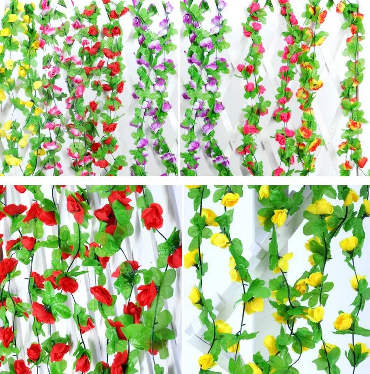 2,3m 7,5ft Konstgjord Rose Flower Ivy Vine Leaf Garland Romantisk Bröllopsfest Heminredning Jul Inomhus Dekorationer Rattan