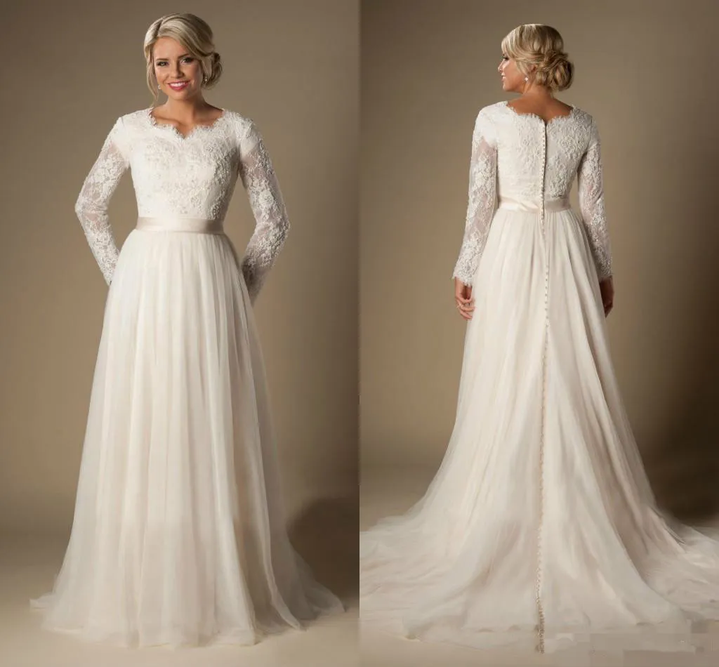 Impressionante linha a renda tule vestidos de casamento primavera jardim simples mangas compridas mangas puras trens zip voltar vestido de noiva plus size árabe