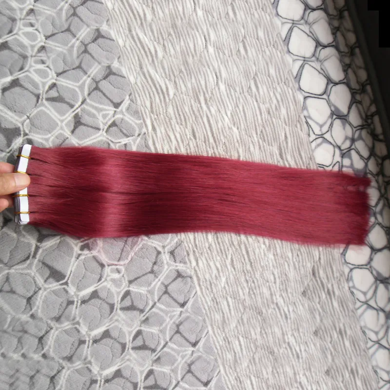 Colore # 99J vino rosso 8a nastro dei capelli vergine brasiliano nelle estensioni dei capelli umani 100g estensioni nastro invisibile estensioni dei capelli trama della pelle