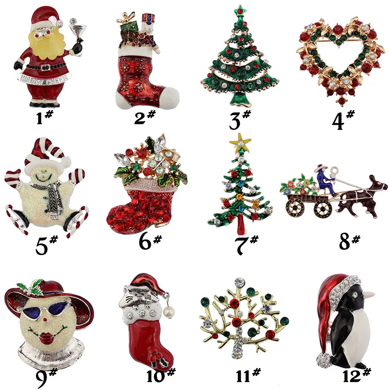 2017 broches de Noël strass émail cristal bonhomme de neige arbre chaussures cloches pingouin broche broches pour femmes bijoux de mode en en vrac