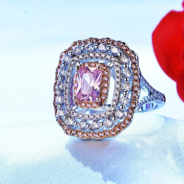 Top verkopen luxe sieraden handgemaakte 18 k wit goud gevuld kussen vorm roze saffier cz diamant edelstenen vrouwen bruiloft kroon band ring
