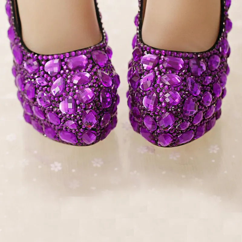 Scarpe da sposa in cristallo viola Piattaforme tacco alto Belle scarpe fatte a mano con strass Scarpe da festa di lusso Pompe da ballo di lusso