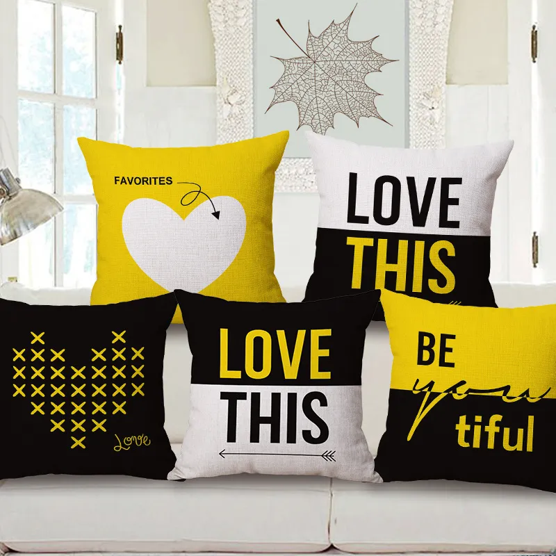 Federa Per Cuscino Amore Giallo E Nero Lettere Inglesi Cojines Cuore Almofada Decorazione Moderna Per Divano Poltrona Letto Divano In Casa E In Ufficio