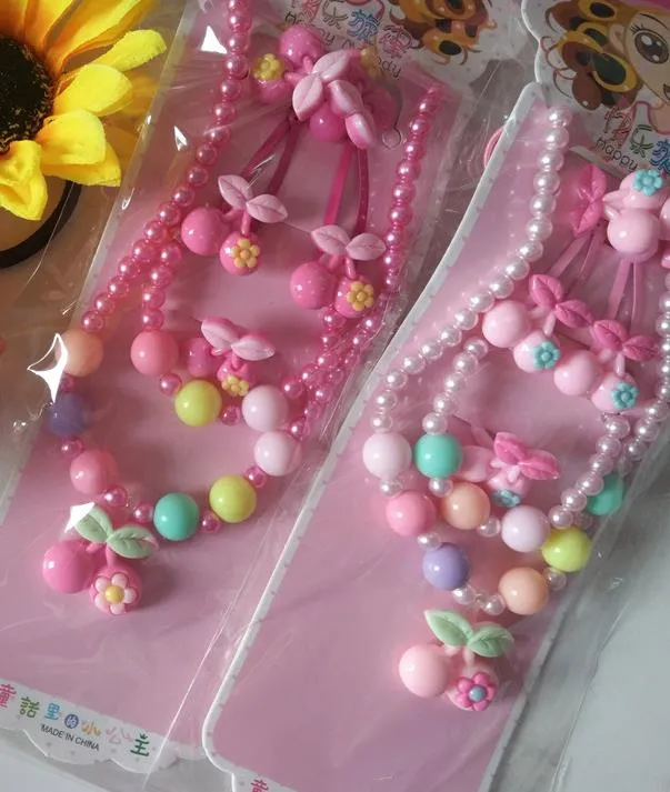 Kids gift jewelry set girl pearl beads cartoon pendants necklace bracelet ring hair clip hairband Set Christmas Party bag filler prize pink
