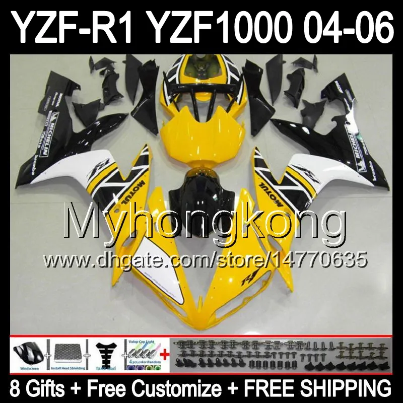 8Gifts+Body For YAMAHA YZF-R1 04-06 YZF R1 MY47 Yellow black YZF1000 YZFR1 04 05 06 YZF 1000 YZF R 1 2004 2005 2006 Yellow white Fairing Kit