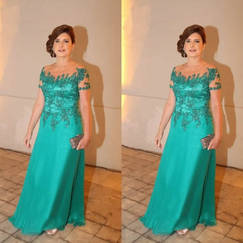 Elegant 2017 Turquoise Sheer Neck Short Sleeve Chiffon Plus Size Custom Made Mother Of The Bride Dresses With Lace Applique Beaded EN102819