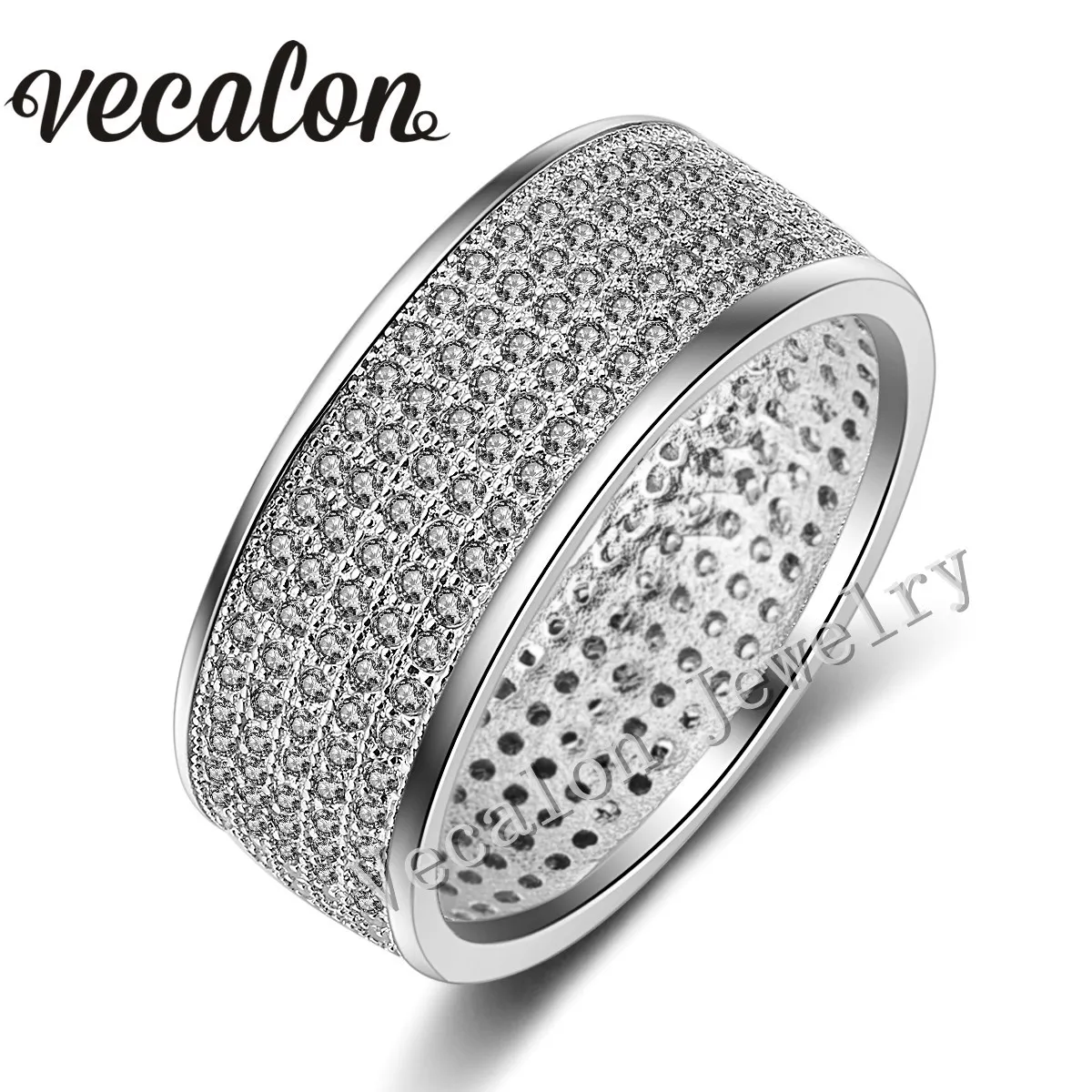 Vecalon Full 250Pcs Simulated diamond Cz Wedding Band Ring for Women 10KT White Gold Filled Female Engagement Band Sz 5-11