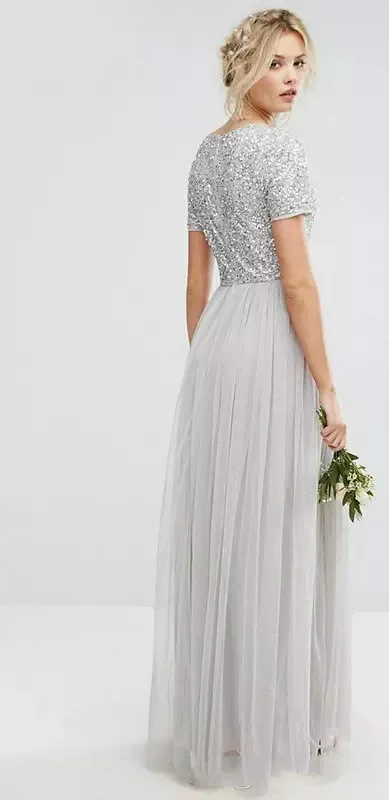 Kraj Długie Cekiny Suknie Druhna 2019 Sliver Krótki Rękaw V Neck Plus Size Suknie Tulle A-Line Maid of Honor Dress Maidendy