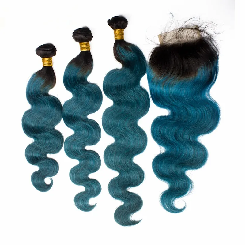 T1B Verde Teal Ombre Peruano 3 Pacotes Com Fechamento Raízes Escuras Dois Tons de Cabelo Virgem Com Fechamento Onda Do Corpo Ondulado Ombre cabelo Com Fecho