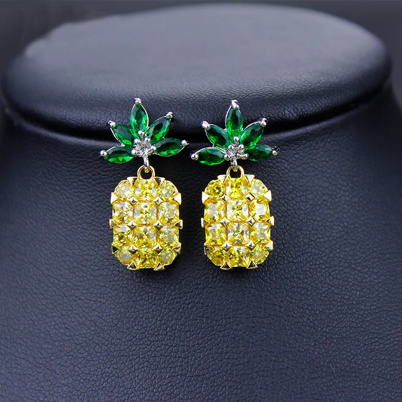 YHAMNI NEW Yellow Crystal Fruit Pineapple Earrings Bridal Large Drop Earrings Natural Crystal Jewelry For Women E4455