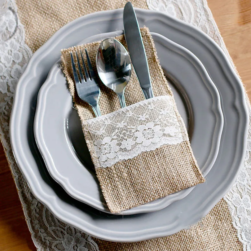 Lace burlap cutlery holders pouch utensil storage bag linens vintage heart wedding party supplies Christmas tableware decoration flatware