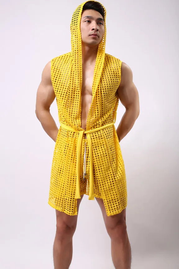 All'ingrosso-1pcs uomo accappatoio marca uomini sexy pigiama lungo set mens biancheria da notte sheer mesh usura gay uomini sleep lounge kimono per uomo