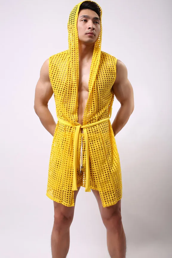 Hel-1pcs män robe badrock märke sexiga män pyjamas långa set herr sömnkläder ren mesh gay wear män sömn lounge kimono för ma2597