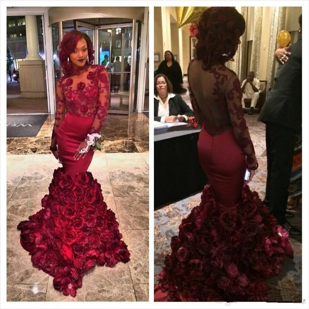 Röd Rose Prom Klänningar Mermaid Långärmade Real Image Formell Aftonklänning Dubai Klänningar Med Hög Krage Zip Back Golv Längd Vestidos