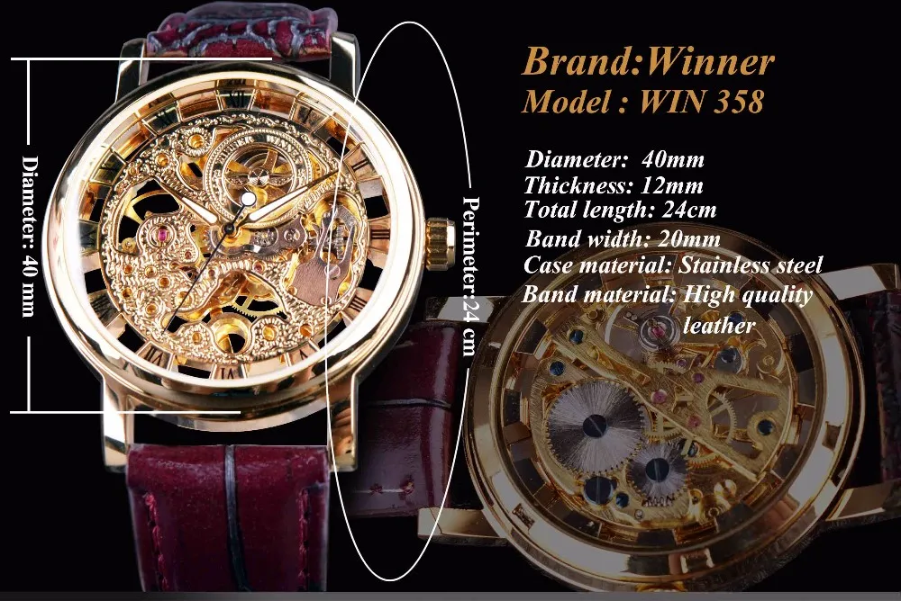 Vincitore trasparente Golden Case Golden Design casual Luxury Craccia marrone Orologi da uomo Top Brand Luxury Mechanical Skeleton Watch1699137