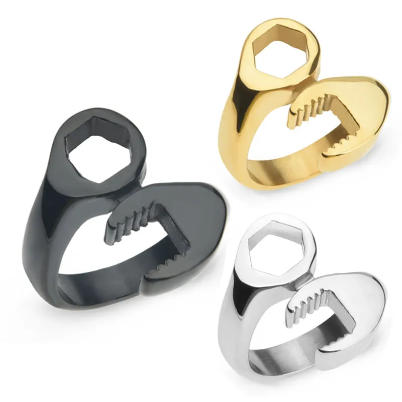 Hip Hip Hop Biker gepolijst sleutel monteur Wrench Tool Ring Juweel Zwart Zilver Goud Roestvrijstalen bandringen Sieraden