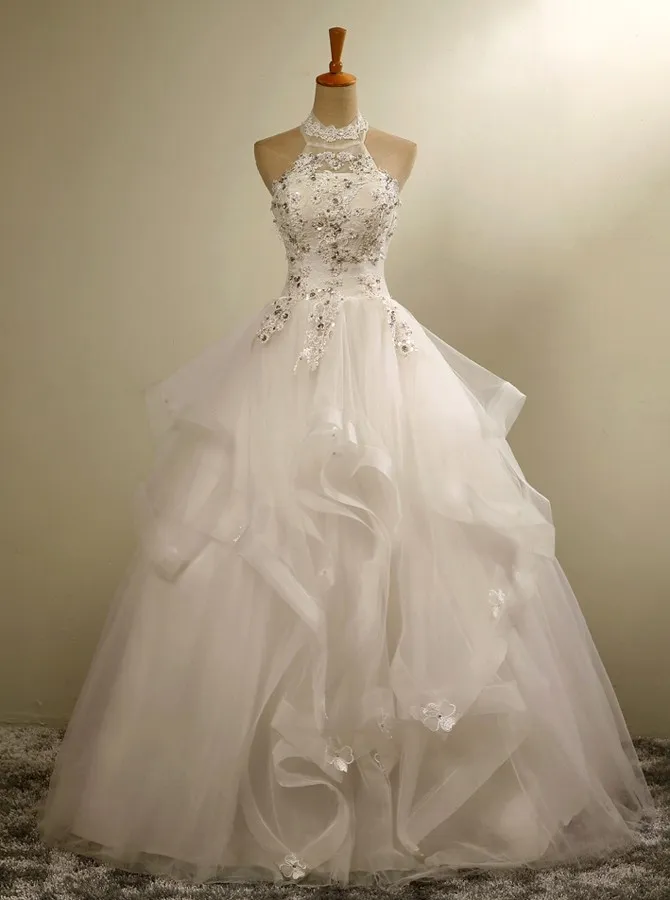 Organza vintage ballgown wedding dress with Sheer Halter Neck, Appliques, Beading, Lace-up, and Floor-Length Hemline - Real Photo Bridal GQ - Vestidos