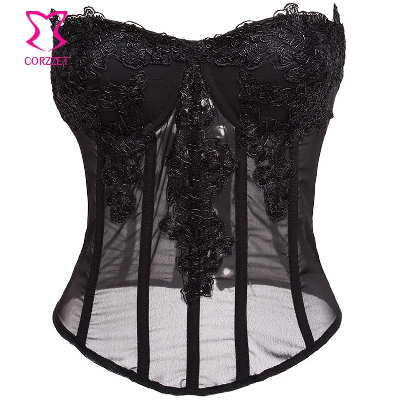 Czarny Szyfonowy Aplikacje Wyściełane Biustonosz Push Up Lace Up Bustier Gorset Bielizna Corpetes e Espartilhos Sexy Gothic Odzież