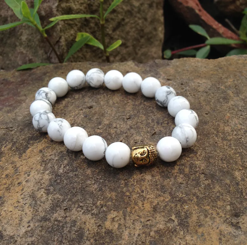 SN0381 10mm Natural White Turquoise bracelet gold buddha beaded bracelet buddhist mala yoga jewelry for man
