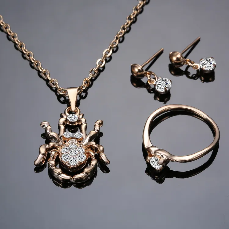 Modischer Damenschmuck, 3-teiliges Set, Halskette, Ohrringe, Ring, mit Diamanten besetzte Spinnen-Anhänger-Halsketten. Für Brautjungfern-Schmucksets