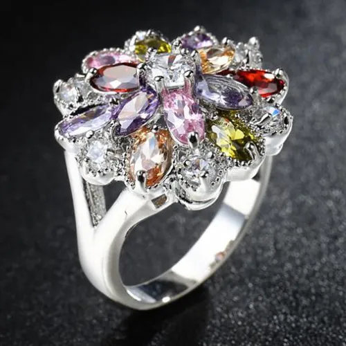 Цветочные кольца Luckyshine Rainbow Zircon кольца 925 серебро для женщин свадьбы партия кольца ювелирные изделия полные новые