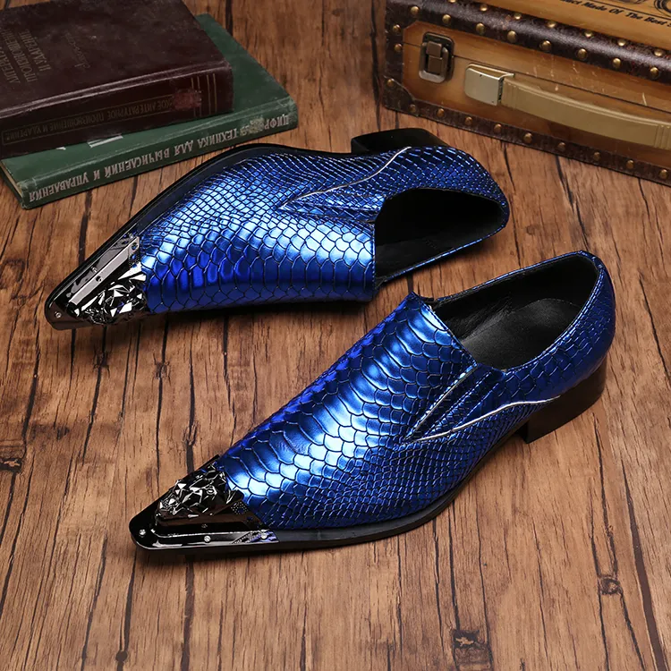 Italian Leather Mens Dress Shoes Vintage Metal Pointed Toe Chaussure Homme Luxury Male Formal Party Flats Shoes Big Size 38-46